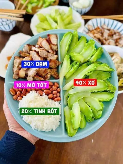 Đĩa ăn: 40% xơ, 30% đạm, 20% tinh bột, 10% mỡ tốt